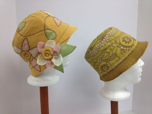 A 3D flower was sewn on after the pieces were joined.  On the right is an original 1920's hat that inspired the crusher on the left.