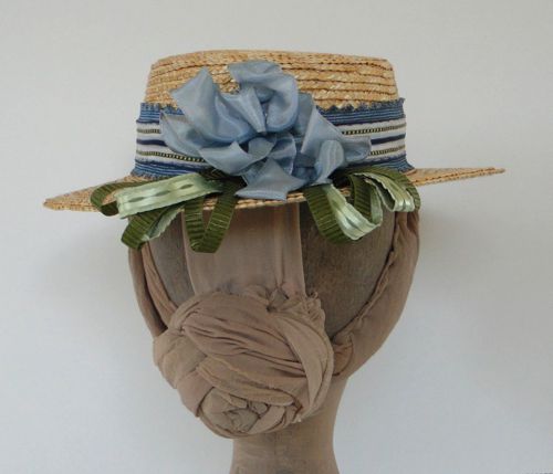 Blue and green ribbon loops form the decorative feature at the back of this hat.