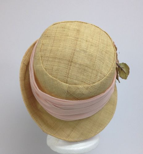 The hat band is made from a gathered band of pink silk chiffon, cut on the bias.