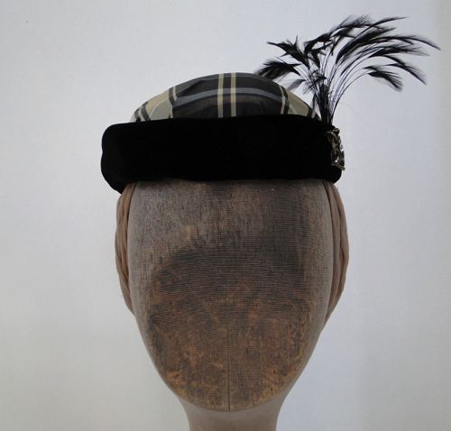 Toque style of neutral plaid silk taffeta has bias brim of silk velvet and more than 40 vintage stripped cocque feathers!