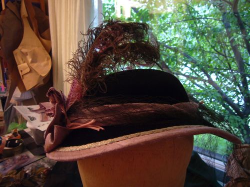 Inside my workroom with Mrs. Durant's hat in progress.