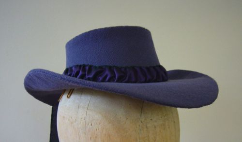 Riding hat made for Virginia Madsen in “Hell On Wheels” 2012, buckram frame covered with mauve wool crepe.