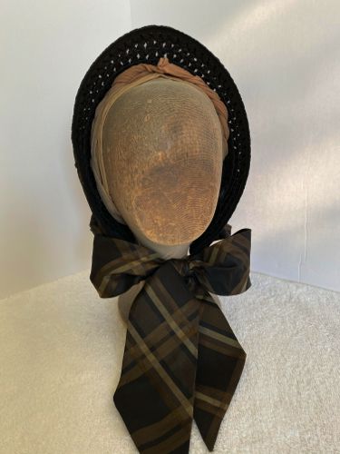 1860s-straw-bonnet-black-brown-plaid-trims