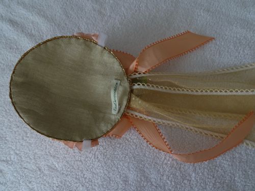 The inside of this little hat is lined with linen.  Horsehair tabs are available to pin it to the hair.