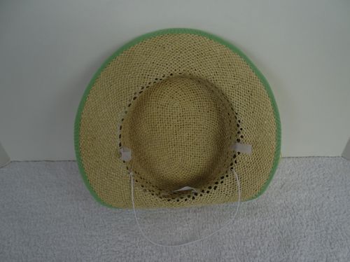 This view of the inside shows the horsehair tabs for pinning the hat to the hair, and the tint-able elastic that goes under the hair line.